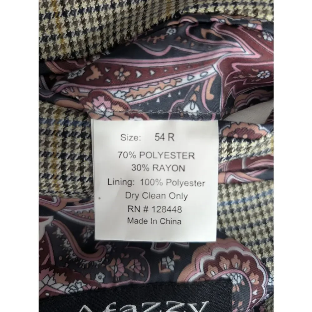 NWOT! AFAZZY! GORGEOUS BLACK, CREAM, GOLDEN TAN, BLUE MICROPLAID JACKET! 54R
